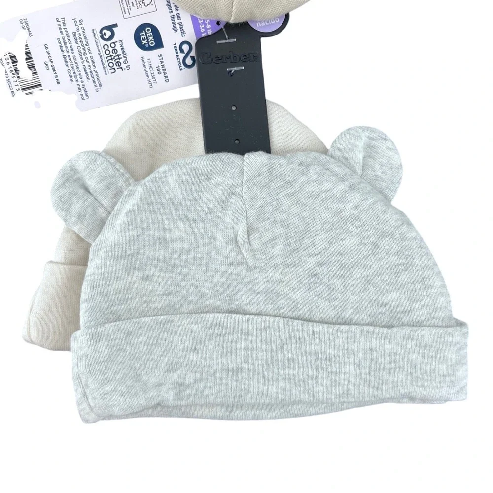 Gerber Beanie Set Unisex Newborn Cream Grey 100% Cotton 3D Ears 3 Pack